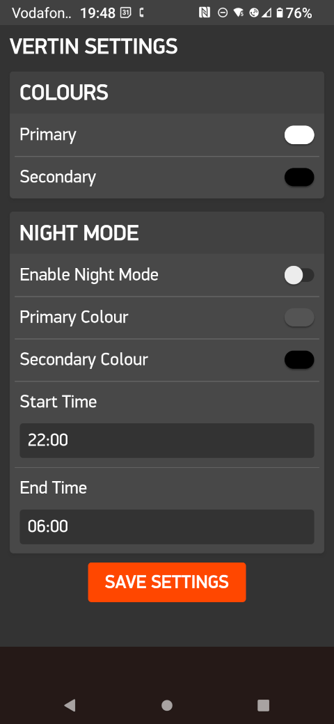 The settings interface