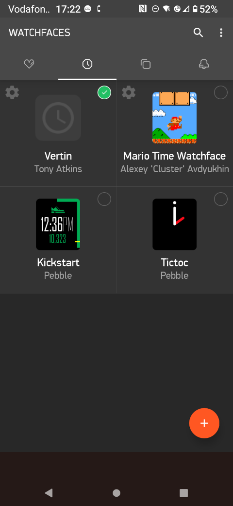 The list of watch faces in my Pebble app